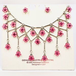 Genuine Austrian Pink Crystal Drop Dangle Flower Necklace & Earring Set NWT